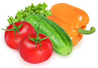 Tomatoes, cucumber, hot pepper and lettuce on isolated white background