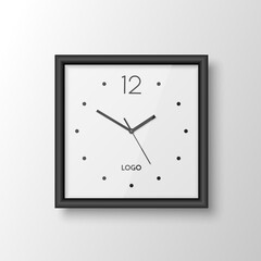 Vector 3d Realistic Square Wall Office Clock with Black Frame, Design Template Isolated on White. Dial with Roman Numerals. Mock-up of Wall Clock for Branding and Advertise Isolated. Clock Face Design