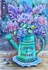 Lilac flowers in watering can. Watercolor flowers .