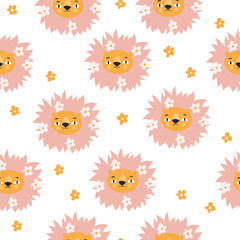 Fototapeta na wymiar Modern floral lion seamless pattern. Trendy background