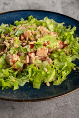 Salad of chicken pieces in sauce with pine nuts and lettuce leaves in a beautiful plate on a gray background. Horizontal orientation, close-up. Delicious and healthy food