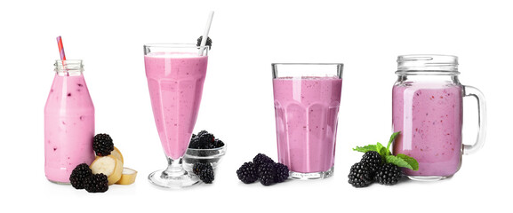 Set with delicious blackberry smoothies on white background. Banner design