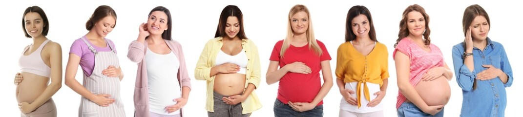 Collage with photos of pregnant women on white background. Banner design