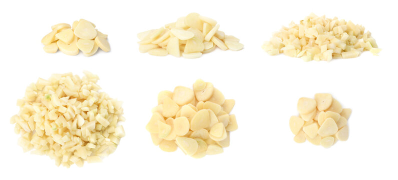 Set with cut fresh garlic on white background. Banner design