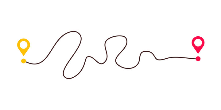 Complicated way and simple path from point A to B. Plans and real life chaos simplifying. Curved dashed line. Vector illustration