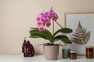 Beautiful pink orchid flower and different decor elements on white table