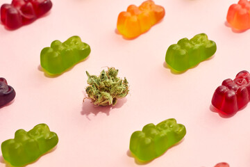 Dry crushed marijuana bud and sweet yummy candies