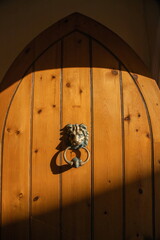Carved lion face brass door knock handle on the wooden door