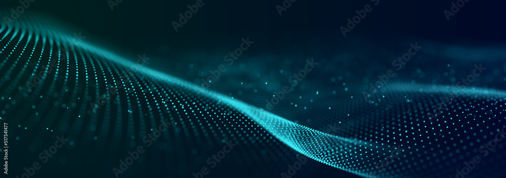 Fototapete Abstract technology stream background. Digital dynamic wave of dots. Network connection structure. 3D rendering.