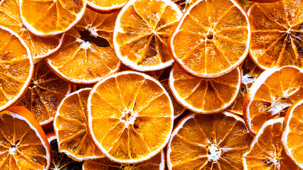Dried orange. Dried orange slices background. High angle view. Top view of citrus fruit texture...