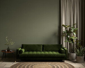 Green interior with sofa and decor. 3d render illustration mockup. © YKvisual
