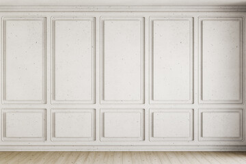 White interior with architectural concrete classic wall panels. 3d render illustration mockup.