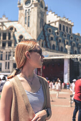 Fototapeta premium Travel Girl tourist traveler old city Batumi .Travel,tourism,vacation,relocation.Mental health and travel vacation Film grain. Batumi-Georgia-may.2022