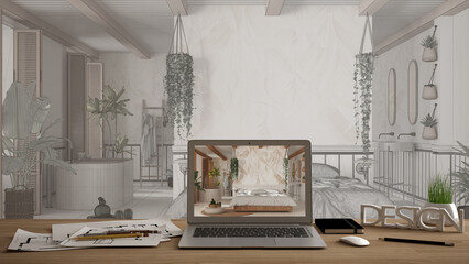 Architect designer desktop concept, laptop on wooden work desk with screen showing interior design project, blueprint draft background, bohemian bathroom and bedroom in boho style