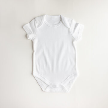 Flat lay of white bodysuit for newborn boys and girls on white background. Basic comfortable clothes for babies made of natural fabric. Layout for placement of logos, prints.