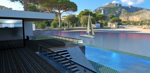 Fototapeta premium View from the terrace of a luxurious high-tech house with a swimming pool to a wonderful bay. Beautiful sailing yacht in the roadstead. 3d render.