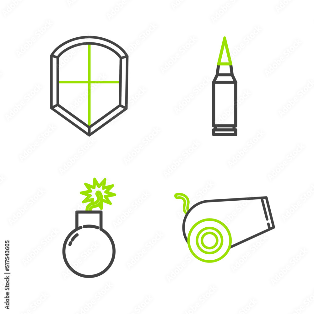 Poster set line cannon, bomb ready to explode, bullet and shield icon. vector