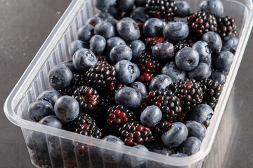 Ripe and juicy blueberries and blackberries in a container for freezing. Horizontal orientation, close-up, no people