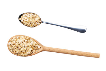 wooden and metal spoon with dry rolled oats isolated on white background top view.