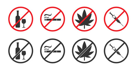 Set of prohibiting signs. No drinking sign. Alcohol forbidden symbol. Vector illustration.