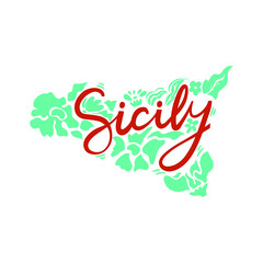 Handdrawn map of Sicily with colourful flowers. Italian Sicily text. Visit Italy concept. Poster design or postcard illustration. Business travel card.
