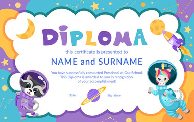 Colorful school and preschool diploma certificate for kids and children in kindergarten or primary grades with cute animals. Vector cartoon illustration
