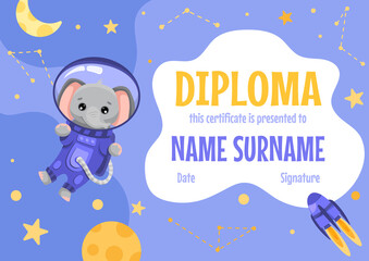 Fototapeta premium Colorful school and preschool diploma certificate for kids and children in kindergarten or primary grades with cute animals. Vector cartoon illustration