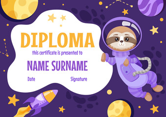 Colorful school and preschool diploma certificate for kids and children in kindergarten or primary grades with cute animals. Vector cartoon illustration