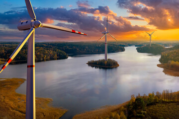 Wind power plant. Offshore windmills. Several windmills in river. Motor wind turbines before...
