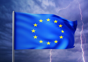 Crisis in European Union. Waving EU flag. Lightning symbolizes problems and crisis. Flag of European Alliance in cloudy sky. Political Banner European Union. EU patriotic symbol. 3d rendering