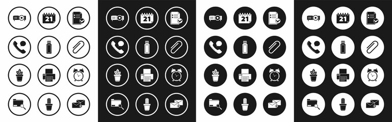 Set Document and check mark, USB flash drive, Telephone handset speech bubble chat, Presentation, movie, film, media projector, Paper clip, Calendar, Alarm clock and Flowers in pot icon. Vector