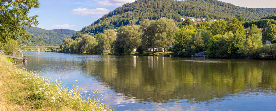 Bridge over Neckar in the town of Eberbach in Baden-Wuerttemberg with the hills od the Odenwald