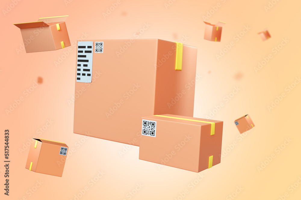 Poster courier service background. flying boxes on light background. cardboard boxes with qr code. scenery 
