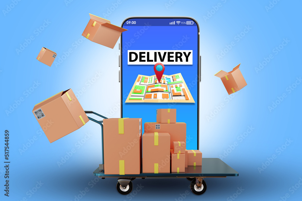 Poster delivery app. warehouse trolley with boxes. smartphone with proposal for delivery of goods. task map