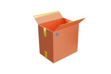 Open box. Big box with QR code. Parcel for packing goods. Cardboard parcel isolated on white. Box with traces of adhesive tape. Production and sale of packaging materials concept. 3d rendering.