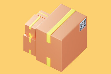 Boxes for sending goods. Cardboard boxes sealed with tape. Sticker with QR code for parcels. Concept for production and sale of shipping boxes. Cardboard parcels on yellow. 3d rendering.