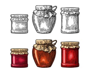 Various glass jars with jam and packaging paper. Vector vintage engraving - 517544830