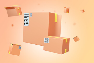Courier service background. Flying boxes on light background. Cardboard boxes with QR code. Scenery for advertising courier service. Backdrop with boxes for delivery. Courier wallpaper. 3d rendering.