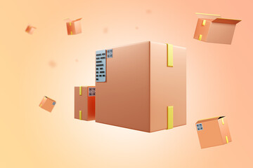 Cardboard packaging. Cartoon style parcels. Boxes of different sizes in weightlessness. Background with flying parcels. Banner with parcels. Background for banner Postal service. 3d rendering.