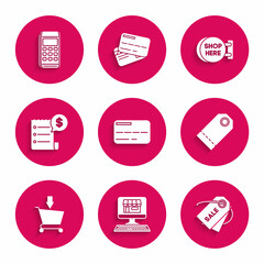 Set Credit card, Price tag with an inscription Sale, Blank label template price, Add to cart, Paper check and financial check, Signboard hanging shop here and Pos terminal icon. Vector