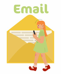 Email letters concept. Popular girl, social networks and modern technologies. Woman reads feedback, employee conducts newsletter, product promotion and advertising. Cartoon flat vector illustration