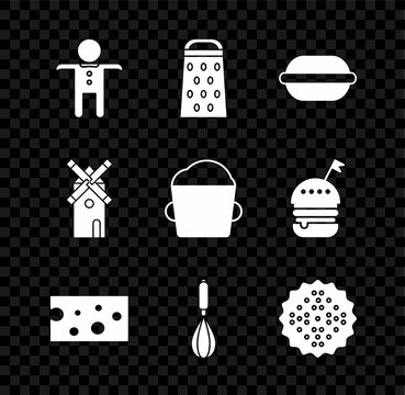 Set Holiday Gingerbread Man Cookie, Grater, Macaron, Cheese, Kitchen Whisk, Cracker Biscuit, Windmill And Bakery Bowl Dough Icon. Vector