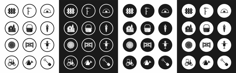 Fototapeta premium Set Hangar, Shopping basket, Farm House concept, Garden fence wooden, Carrot, Scythe, Scarecrow and Sunflower icon. Vector
