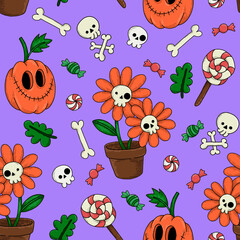 seamless pattern for halloween. cute characters, ghosts, pumpkins, skeletons on a blue background. print for kids