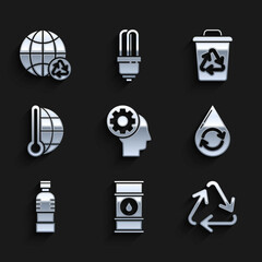 Set Human head with gear inside, Oil barrel line, Recycle symbol, clean aqua, Bottle of water, Meteorology thermometer measuring, bin recycle and Planet earth and recycling icon. Vector
