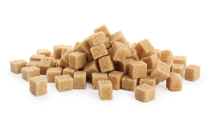 Pile of brown sugar cubes on white background