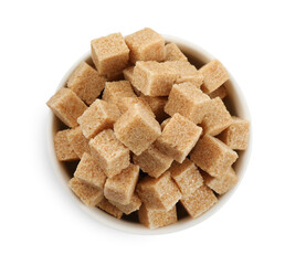 Bowl with cubes of brown sugar isolated on white, top view