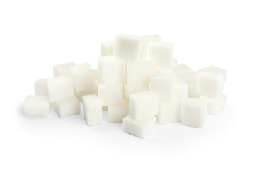 Pile of refined sugar cubes on white background