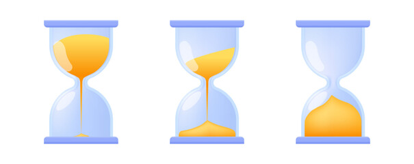 Hourglass bell icon set isolated on white background for social media reminder, web site, banner, poster. Cartoon yellow sandglass. Realistic clock 3d vector illustration.