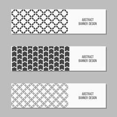 Set of 3 abstract vector banner templates. Banners with geometric elements, shapes, tiles, lattices. Place for text. White and black colors. Vector illustration.